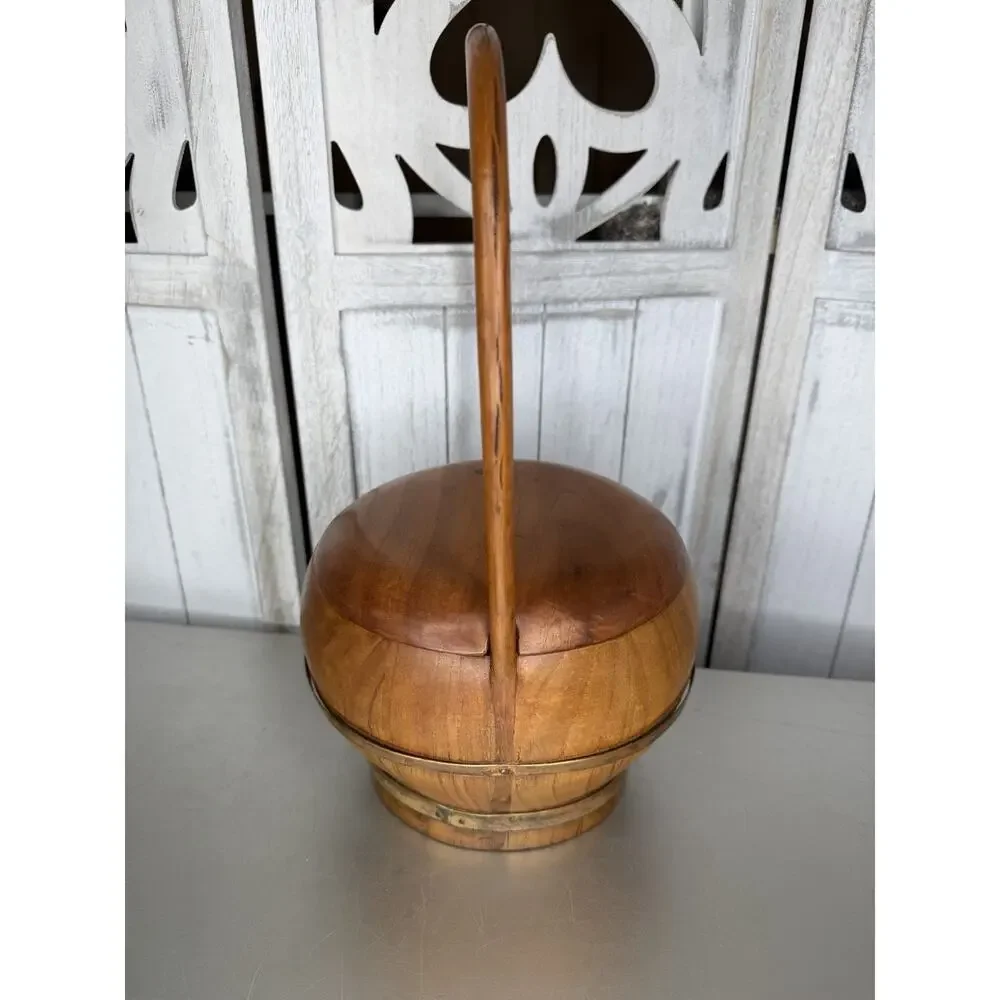 Antique Chinese Wooden Wedding Basket Handle And Lid Wood Asian Decor VTG